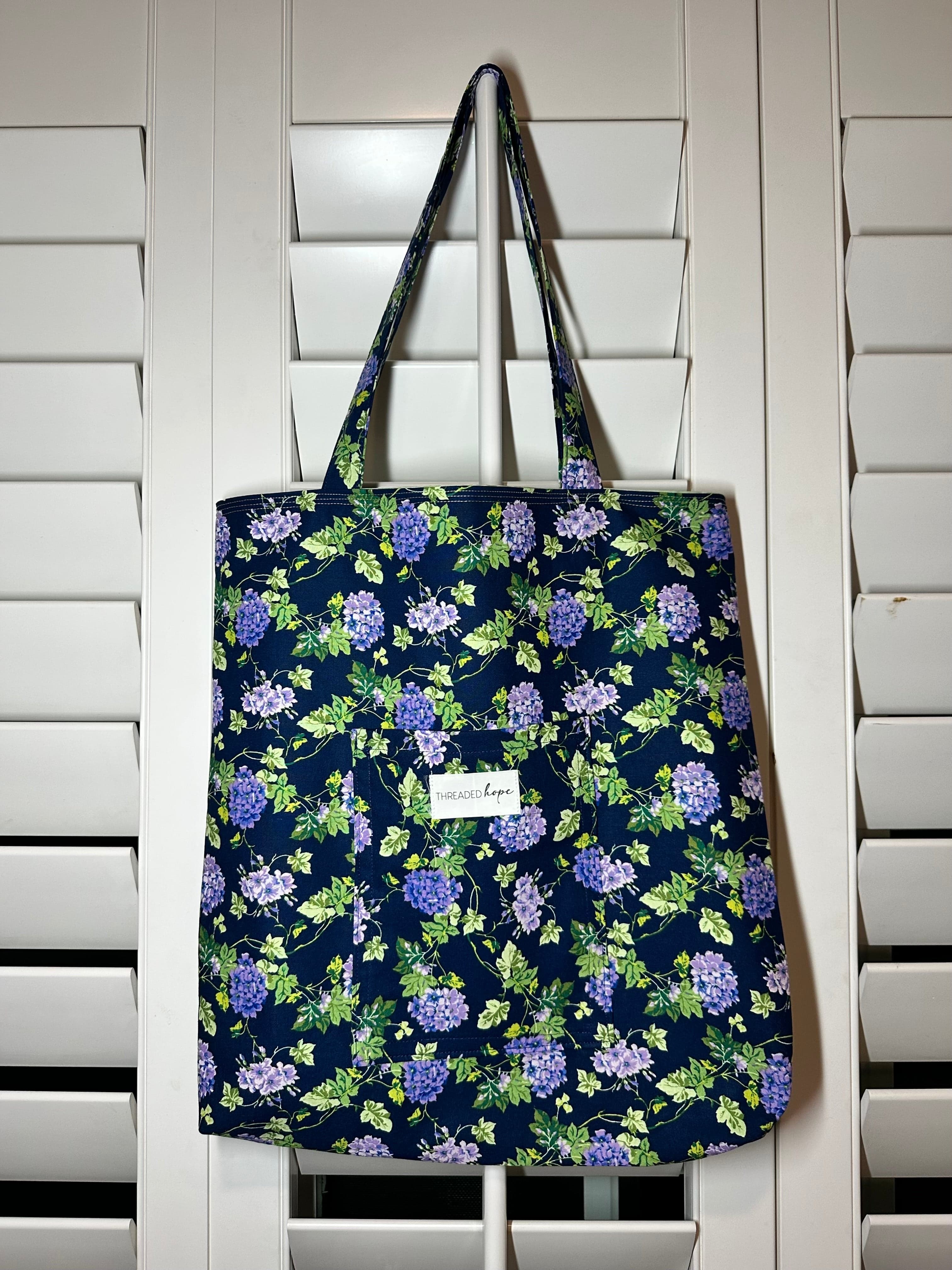 Blue/Purple Floral Handmade Cotton Tote Bag (14” x 14.5”)