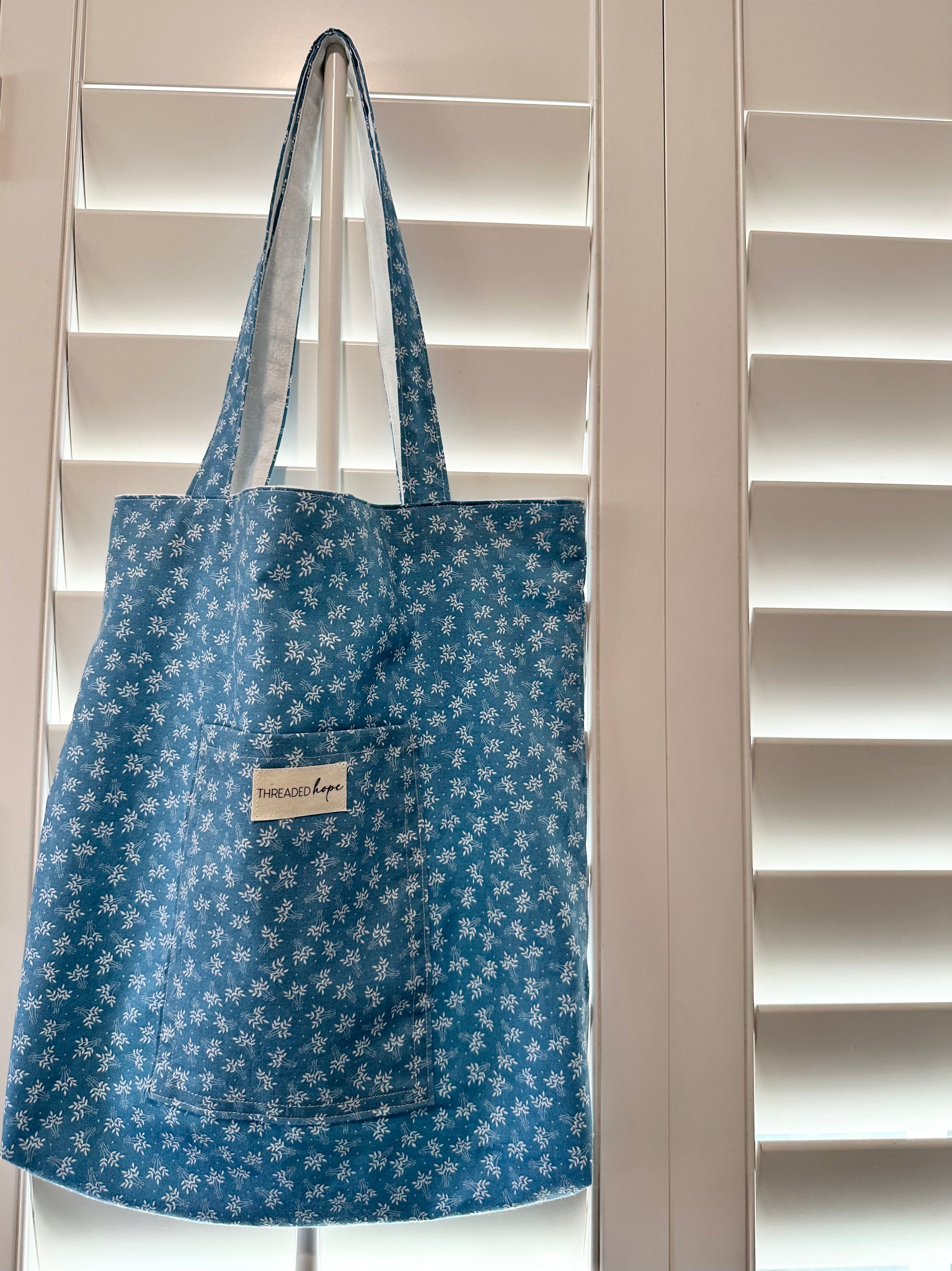 Blue & White Floral Handmade Cotton Tote Bag (14” x 14.5”)