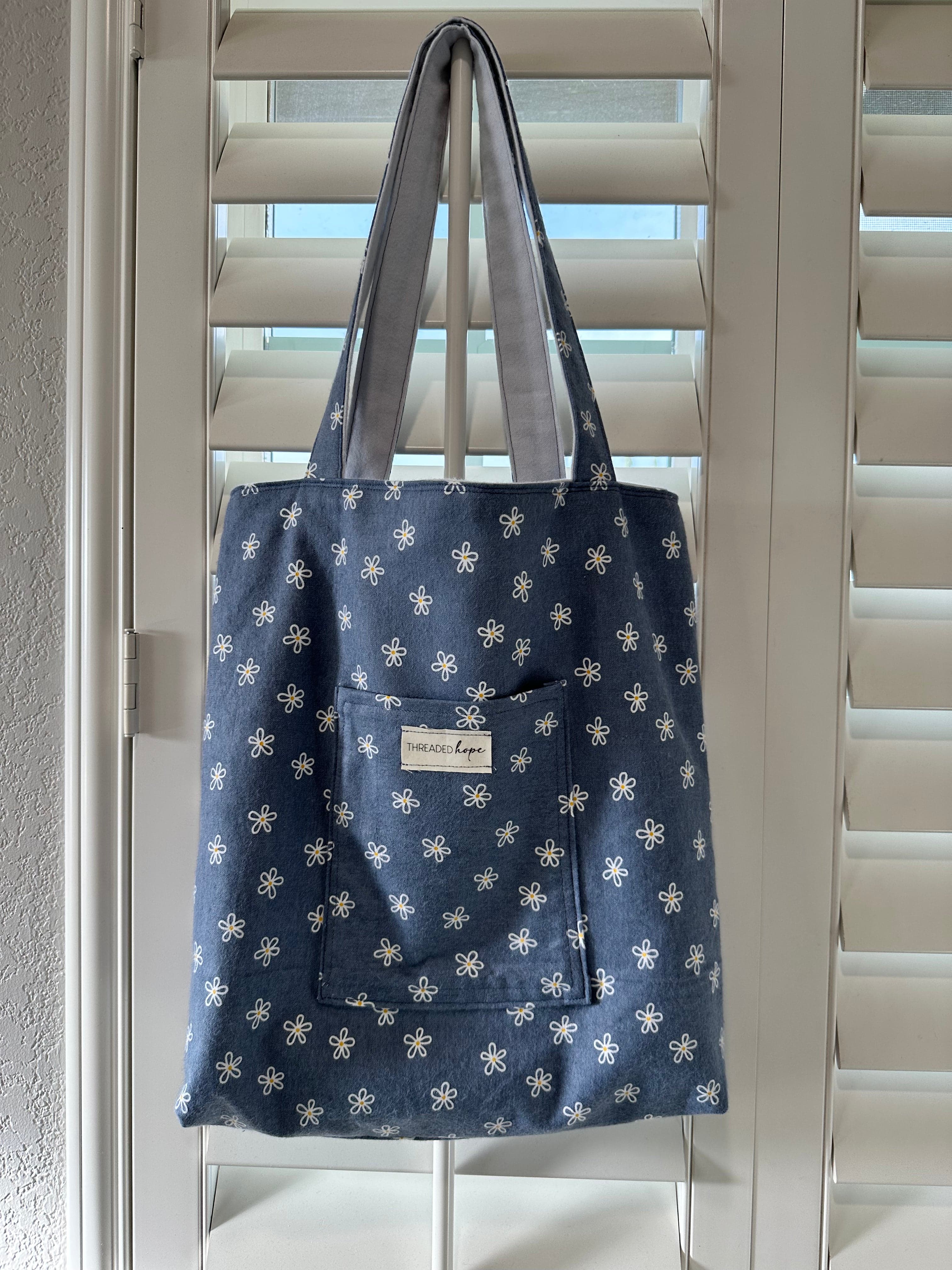 Dark Blue Floral Handmade Flannel Tote Bag (14” x 14.5”)