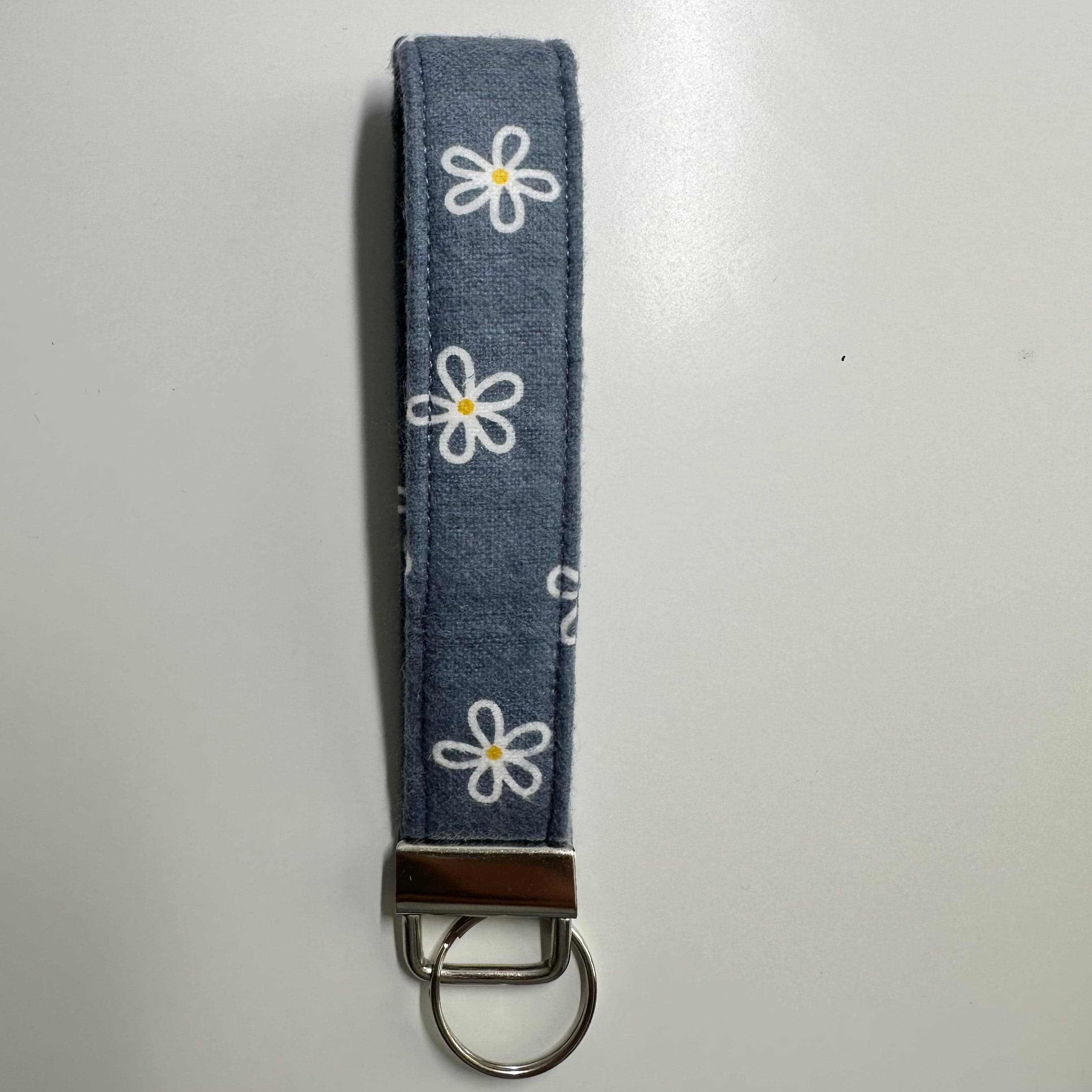Dark Blue Floral Handmade Flannel Wristlet Keychain