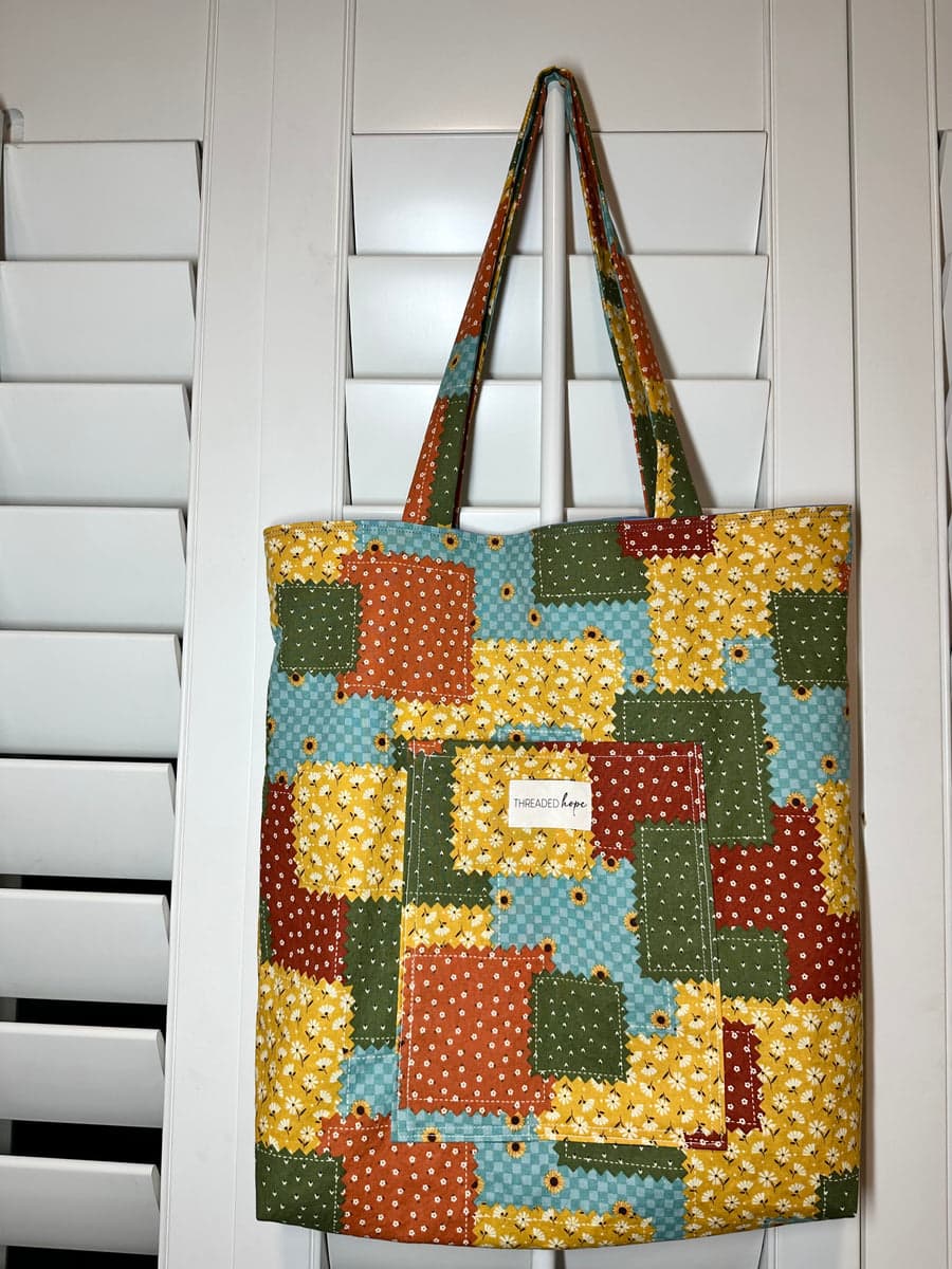 Fall Patchwork Handmade Cotton Tote Bag (14” x 14.5”)