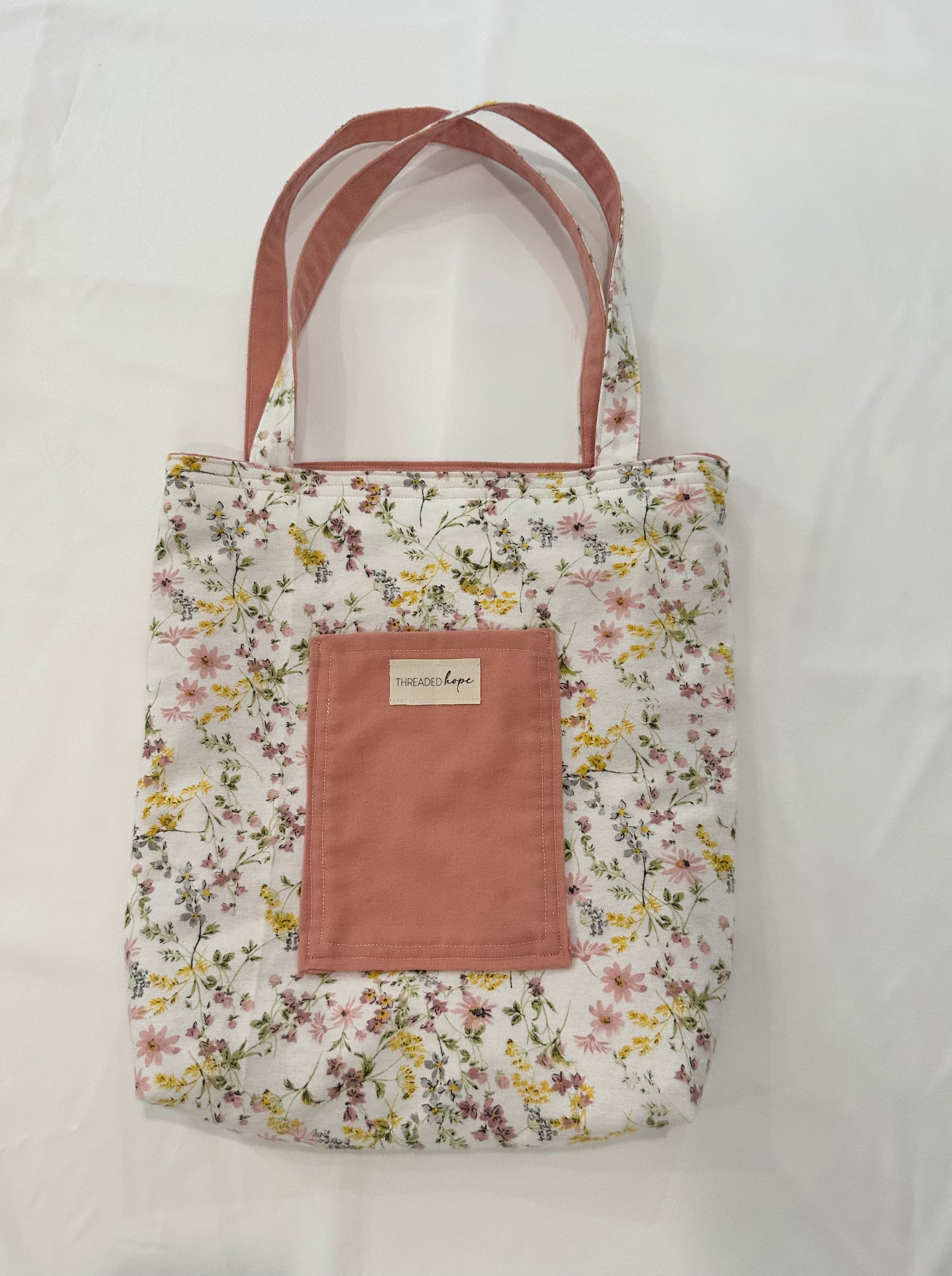 Floral Handmade Flannel Tote Bag with Front Pocket (14” x 14.5”)