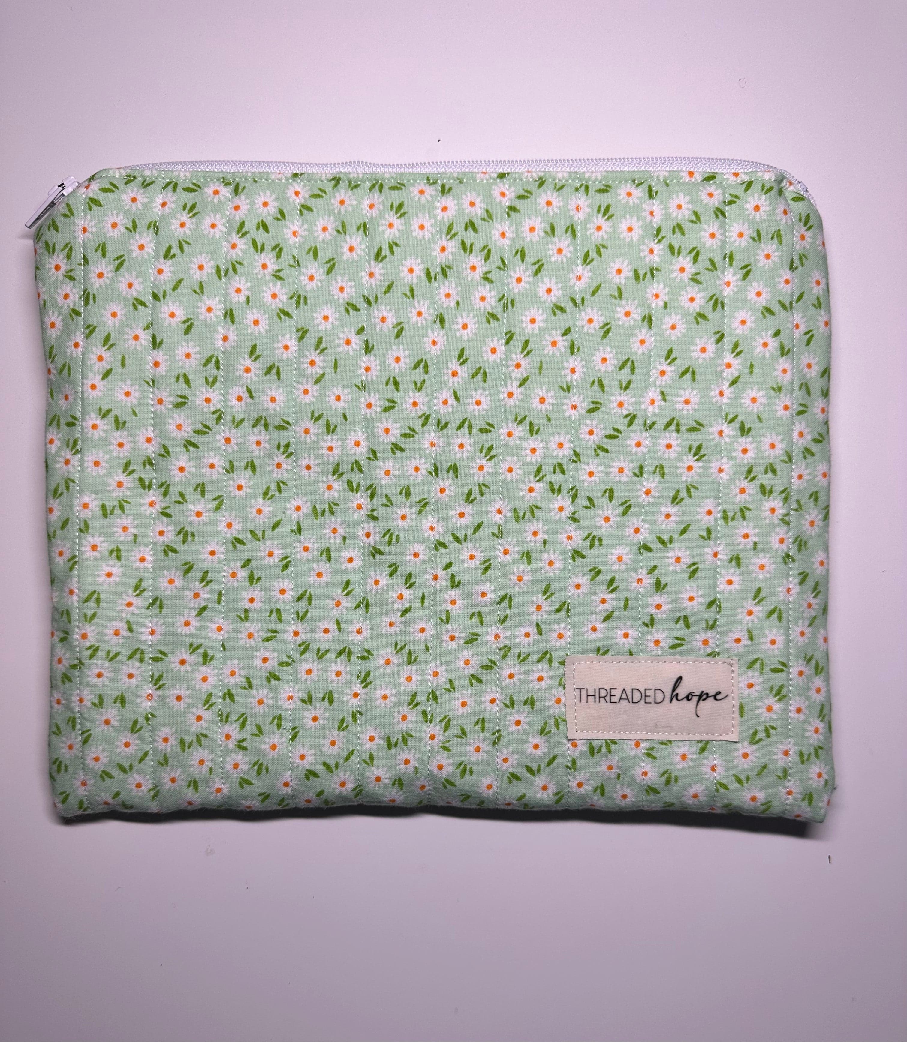 Green Floral Handmade Quilted Zipper Pouch – 9.25” x 7.5”