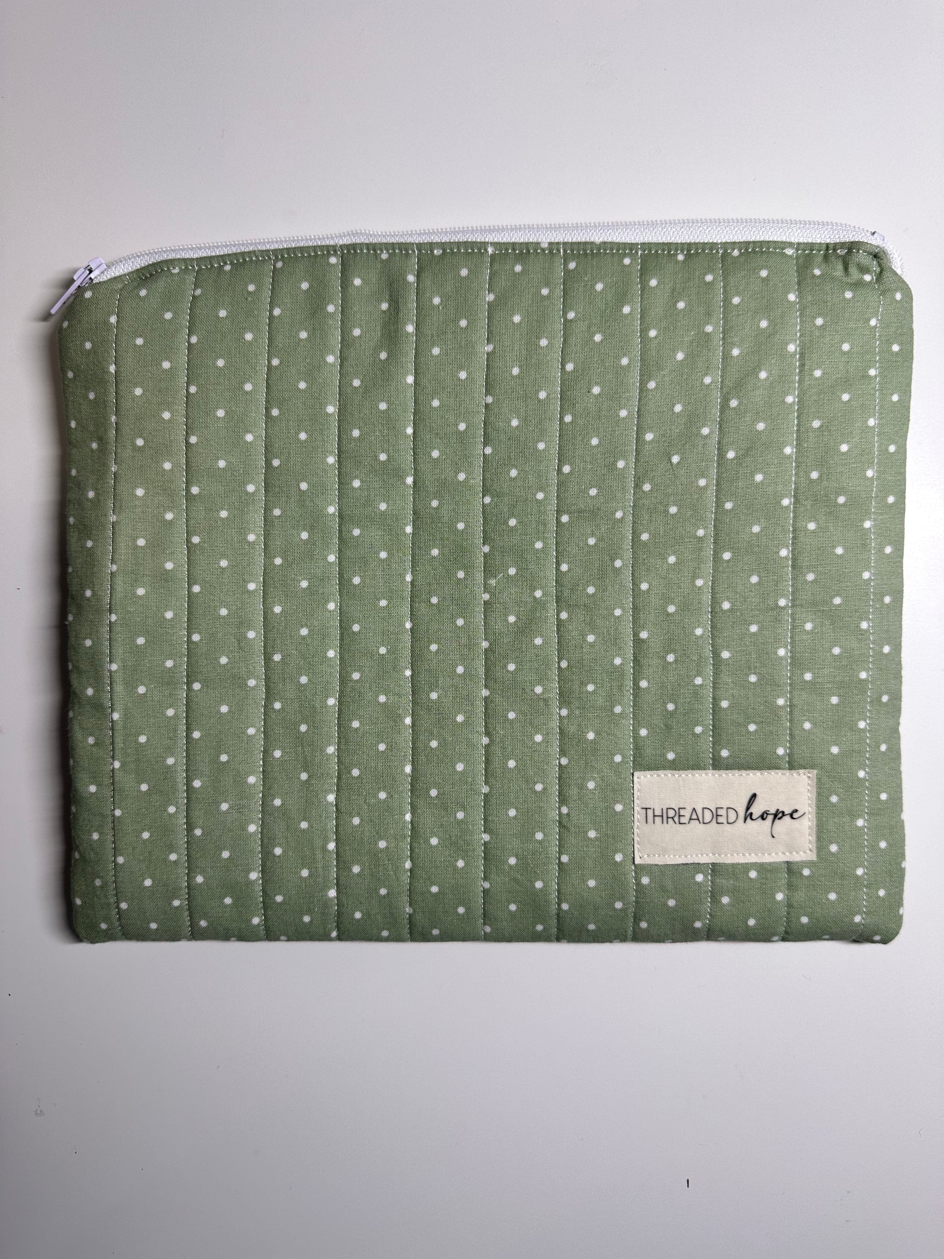 Green Polka Dot Handmade Quilted Zipper Pouch – 9.25” x 7.5”