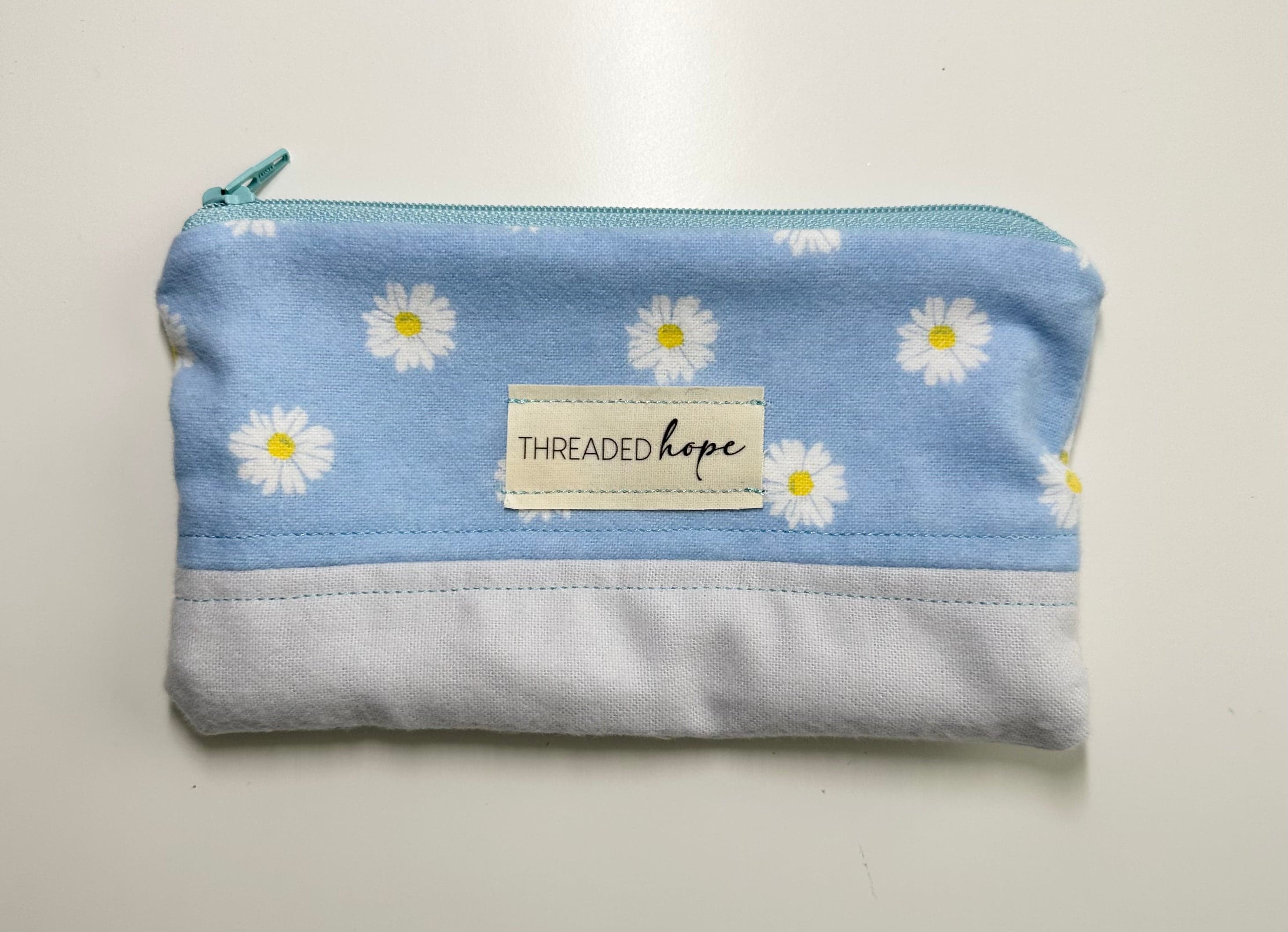Handmade Blue Floral Zipper Pouch (7” x 4”)