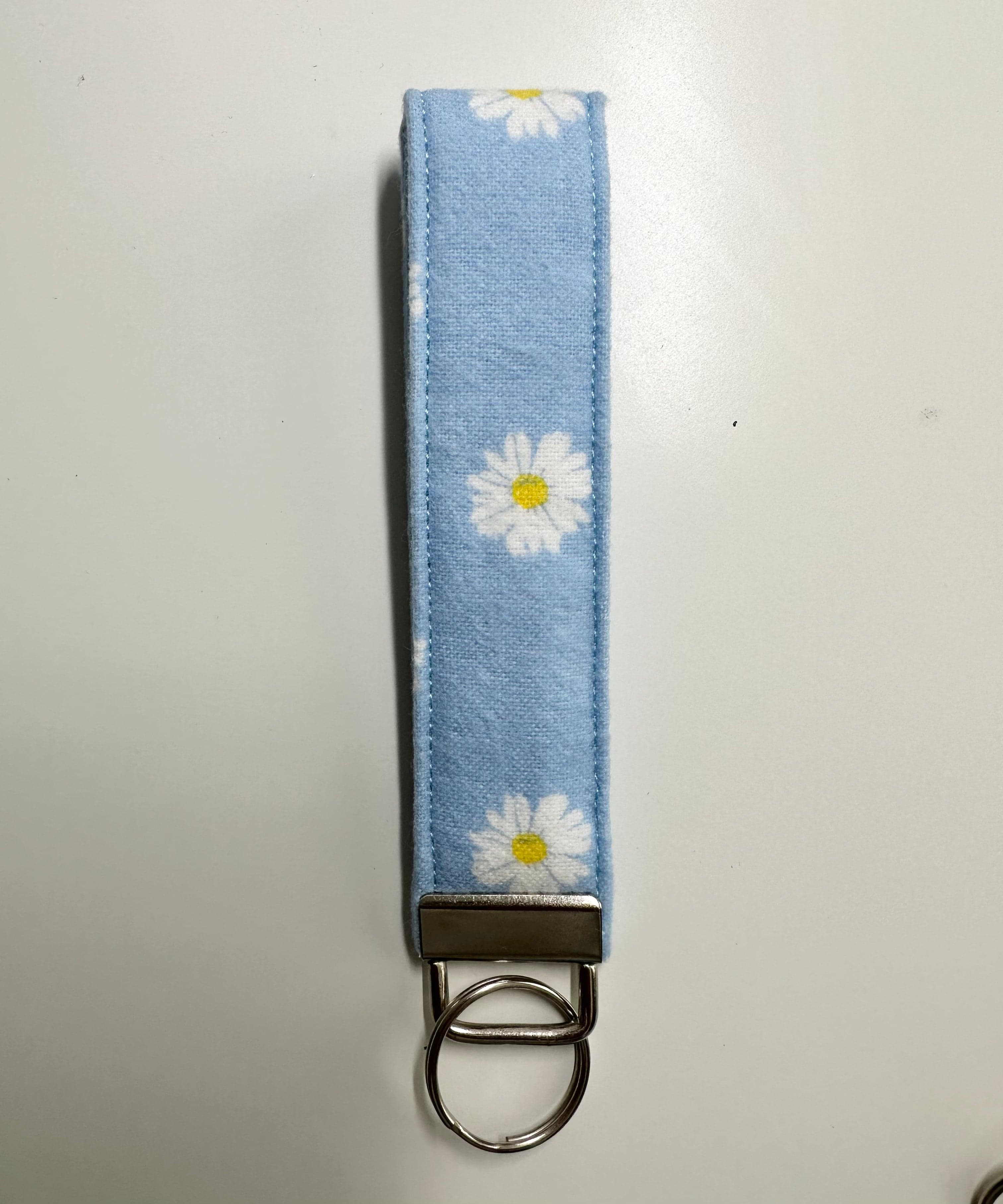 Light Blue Floral Handmade Flannel Wristlet Keychain