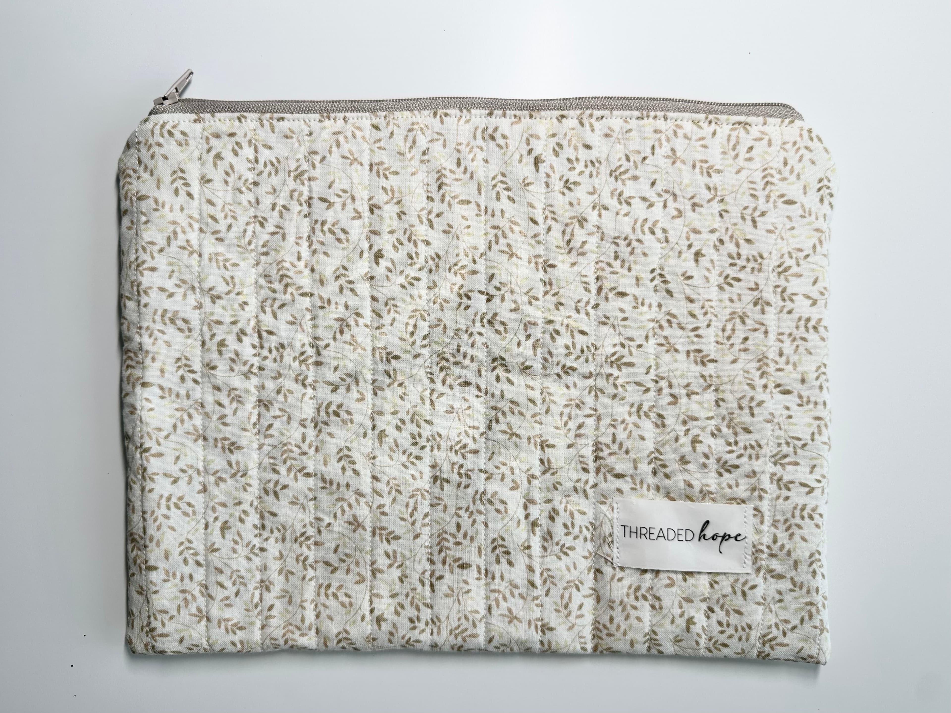 Neutral Floral Handmade Zipper Pouch-9.25”x7.5”