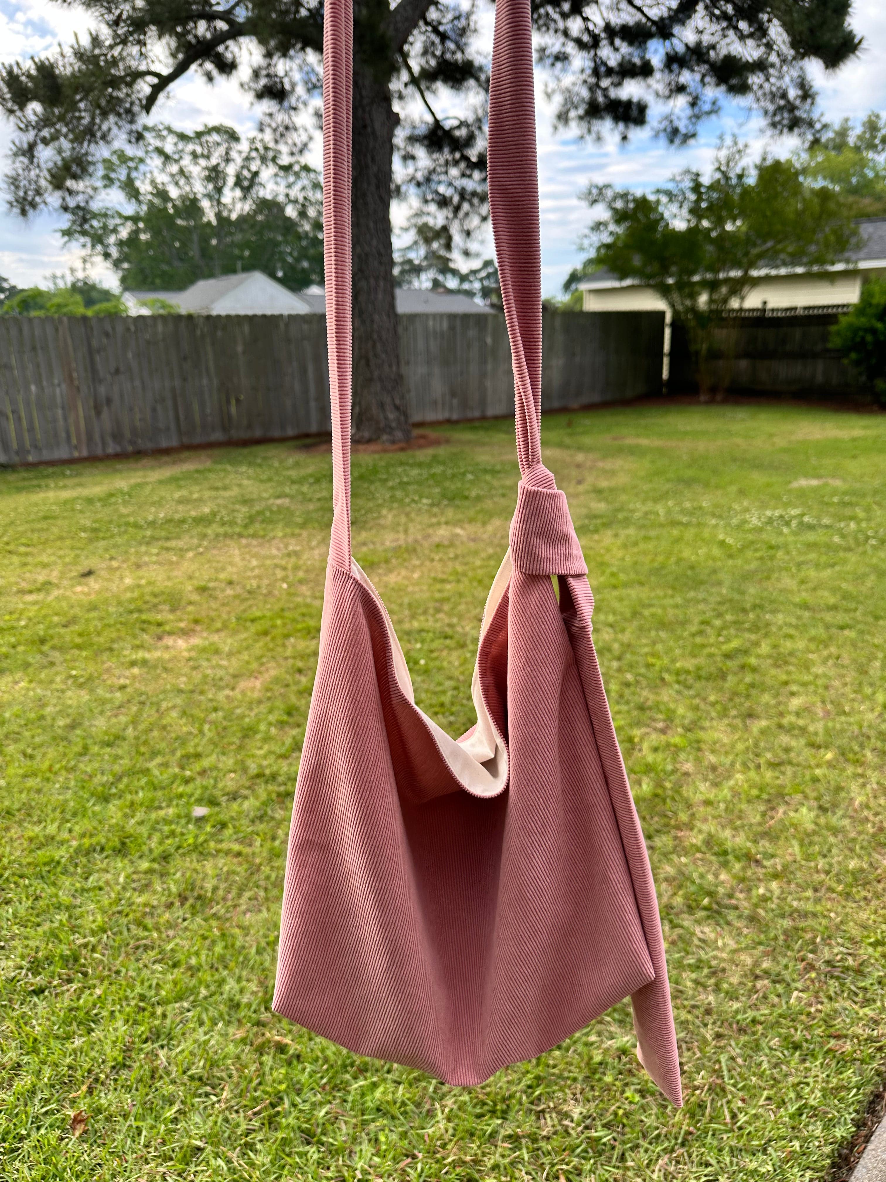 Pink Corduroy Slouchy Shoulder Bag with Adjustable Strap & Interior Pocket