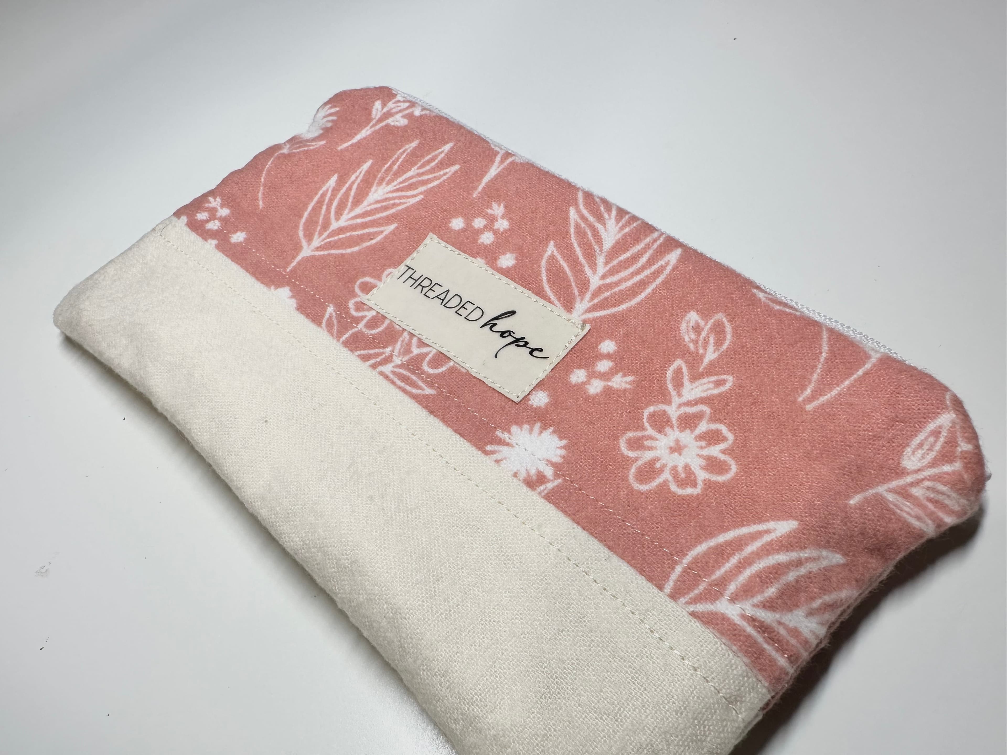 Pink Floral Handmade Flannel Zipper Pouch (7” x 4”)