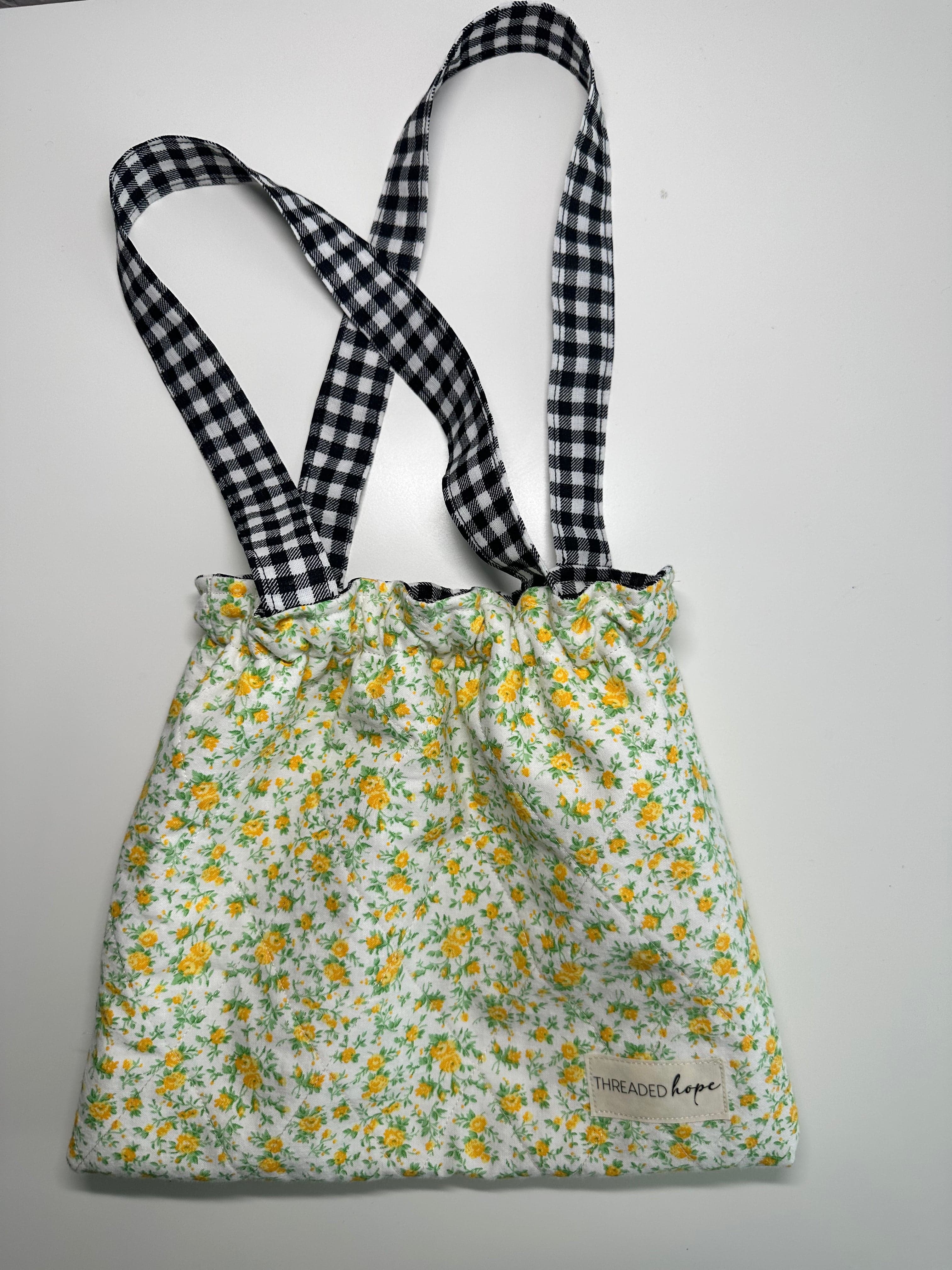 Quilted Yellow Floral/Checkered Toddler Tote with Elastic Closure