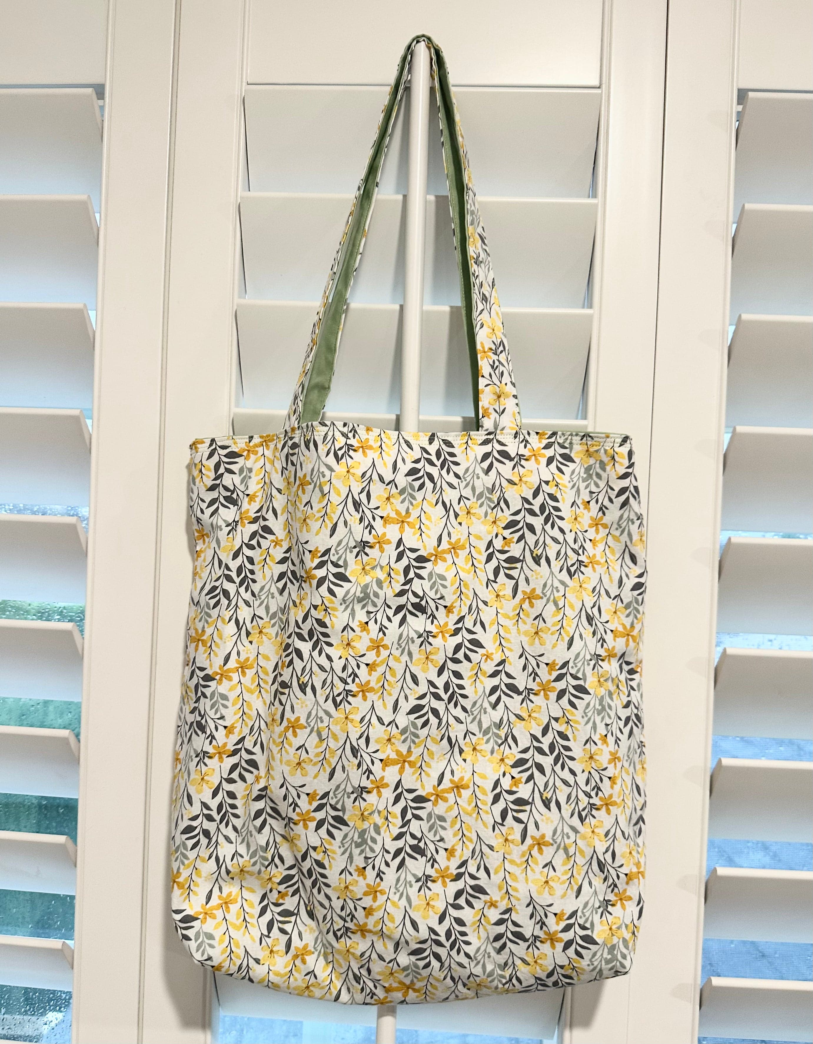 Yellow floral/Green Cotton Reversible Tote Bag